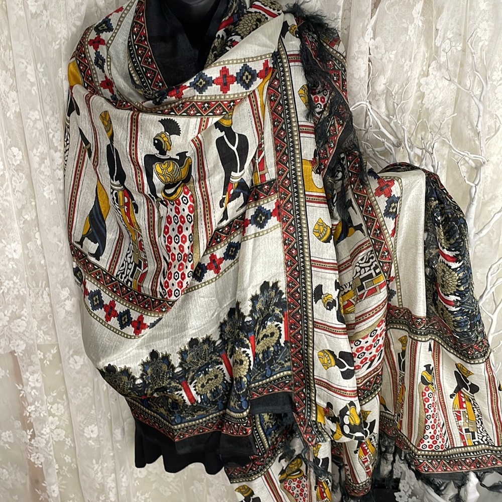 Incredible Ethnic Tribal Silk Scarf African Women White, Black, Blue & Red - Picture 9 of 9